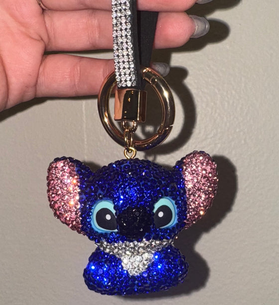 CRYSTAL KEYCHAIN, KEY CHAINS ACCESSORIES WITH ULTRA BLING RHINESTONES LITLE MONSTER BLUE