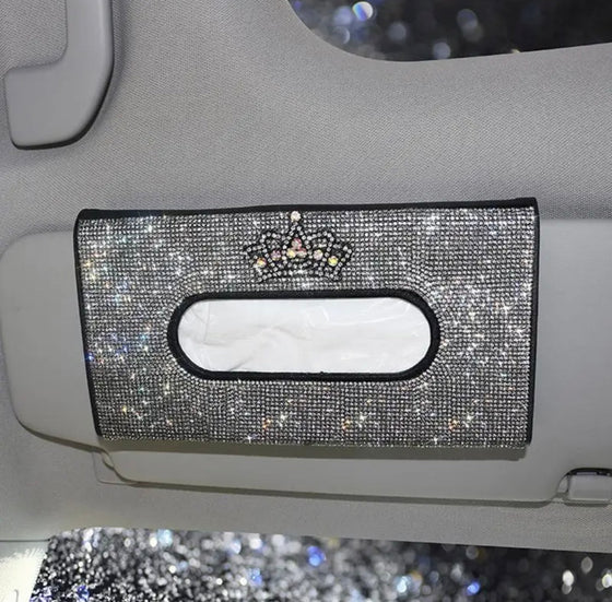 BLING BLING CAR SUN VISOR TISSUE BOX HOLDER, LEATHER CRYSTALS AUTO INTERIOR ACCESSORIES PAPER TOWEL CROWN SILVER - Fashion Car Inc