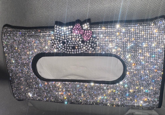 BLING BLING CAR SUN VISOR TISSUE BOX HOLDER, LEATHER CRYSTALS AUTO INTERIOR ACCESSORIES PAPER TOWEL SILVER PINK CAT - Fashion Car ®