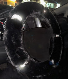  Diamond Short Fluffy Microfiber Plush Steering Wheel Cover with Bling Bling Crystal Rhinestones for Winter Warm, Universal 15 inch Anti-Slip (Black Furry) - Fashion Car Inc