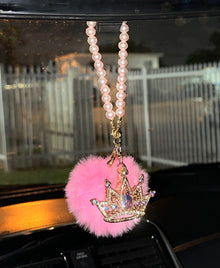  Pink Bling Car Rear View Mirror Crown Hanging Accessories for Women, Rhinestone Diamond Bowknot, Imitation Pearl and Plush Ball Car Rearview Mirror Charms, Lucky Ornament Pendant - Fashion Car Inc