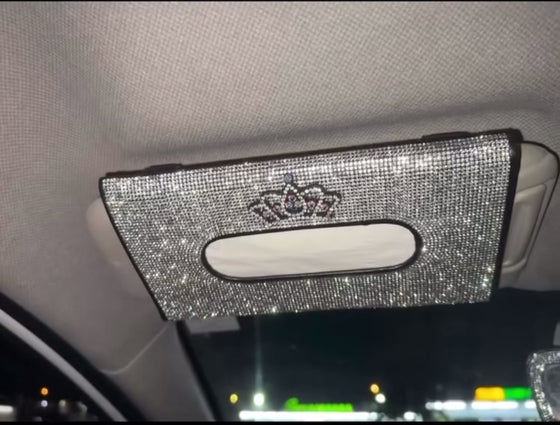 BLING BLING CAR SUN VISOR TISSUE BOX HOLDER, LEATHER CRYSTALS AUTO INTERIOR ACCESSORIES PAPER TOWEL CROWN SILVER