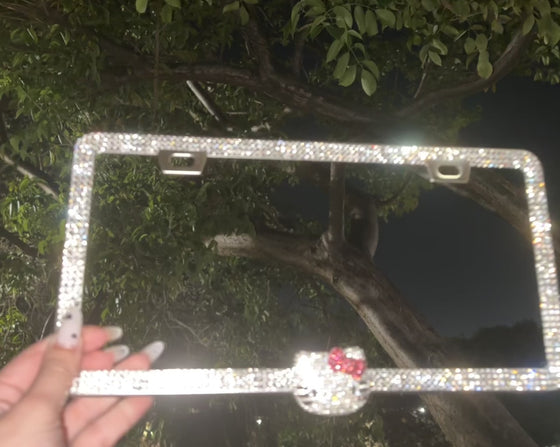 SILVER LICENSE PLATE FRAME DIAMONDS ULTRA BLING PINK CAT