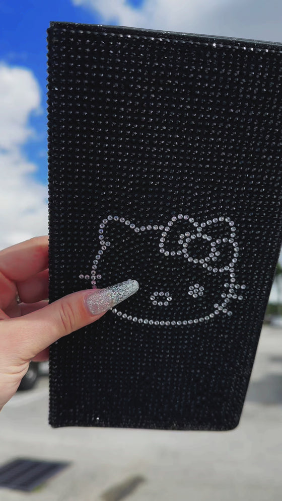 BING RHINESTONE CAR REGISTRATION AND INSURANCE DOCUMENT HOLDER, GLITTER CARD HOLDER, LETHER VEHICLE ACCESSORIES CAR ESSENTIALS GLOVE BOX ORGANIZER WALLET CASE BLACK kITTY