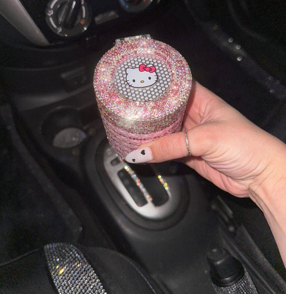 SMELL PROOF CRYSTAL DIAMOND CAR ASHTRAY CAT PINK WITH LID BLUE LED LIGHT BLING PORTABLE MINI TRASH CAN FOR CAR CYLINDER CUP HOLDER - Fashion Car Inc