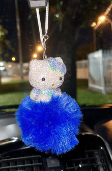  Ultra Bling Kitty Rearview Accessory Shiny Rhinestone Especially Bling Universal Diamond Blue - Fashion Car Inc