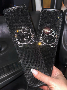  ULTRA BLING SEAT BELTS 2PACK BLING SEAT BELT COVER FOR WOMEN, SOFT VELVET & DIAMONDS DESIGN GLITTER RHINESTONE CAR SEAT BELT STRAP COVER SHOULDER PAD (BLACK SILVER CAT) - Fashion Car Inc