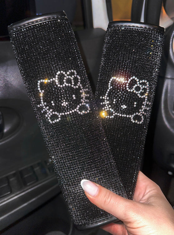 ULTRA BLING SEAT BELTS 2PACK BLING SEAT BELT COVER FOR WOMEN, SOFT VELVET & DIAMONDS DESIGN GLITTER RHINESTONE CAR SEAT BELT STRAP COVER SHOULDER PAD (BLACK SILVER CAT) - Fashion Car Inc