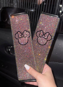  ULTRA BLING SEAT BELTS 2PACK COVER, SOFT VELVET & DIAMONDS DESIGN BRIGHT RHINESTONE CAR SEAT BELT STRAP COVER SHOULDER PAD MINNIE (COLORFUL) - Fashion Car ®