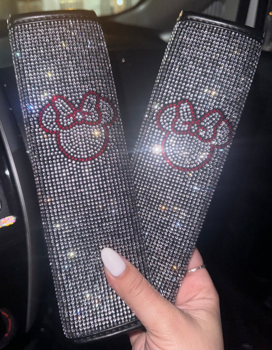 ULTRA BLING SEAT BELTS 2PACK COVER, SOFT VELVET & DIAMONDS DESIGN BRIGHT RHINESTONE CAR SEAT BELT STRAP COVER SHOULDER PAD MINNIE (SILVER) - Fashion Car ®