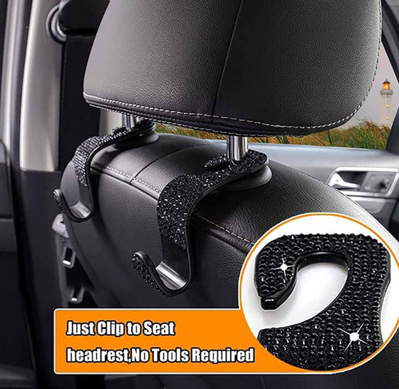 2PCS Car Seat Hooks, Bling Car Rhinestone Headrest Hooks, Universal Bling Car Interior Accessories, for Handbag, Clothes, Purse, Water Bottle (Black) - Fashion Car Inc