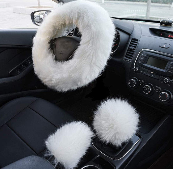 3Pcs Fuzzy Steering Wheel Covers,Fluffy Pure Australia Sheepskin Wool Furry Steering Wheel Cover Protector with Soft Handbrake Cover & Gear Shift Cover,Non-Slip & Durable 1Set (White) - Fashion Car Inc