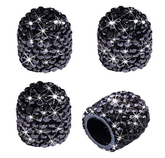 4 Pack Handmade Black Crystal Rhinestone Universal Car Tire Valve Caps Chrome,Attractive Dustproof Bling Car Accessories - Fashion Car Inc