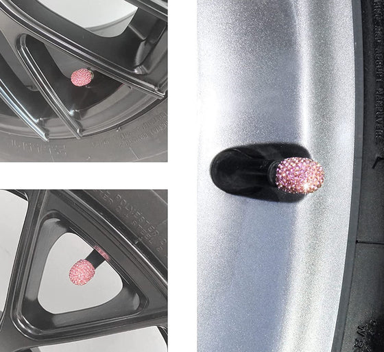 4 Pack Handmade Crystal Rhinestone Car Tire Valve Stem Caps, Car Wheel Tire Valve, Attractive Dustproof Bling Car Accessories, Universal for Cars, Trucks and Motorcycles-Pink - Fashion Car Inc