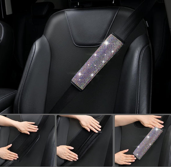 7 PCS Bling Car Accessories for Women, Sparkly Rhinestone Diamond Steering Wheel Cover, Bling Seat Belt Cushion, Shift Knob Cover, Push Start Button Ring, Car Cup Holder Coaster, Multicolor - Fashion Car Inc