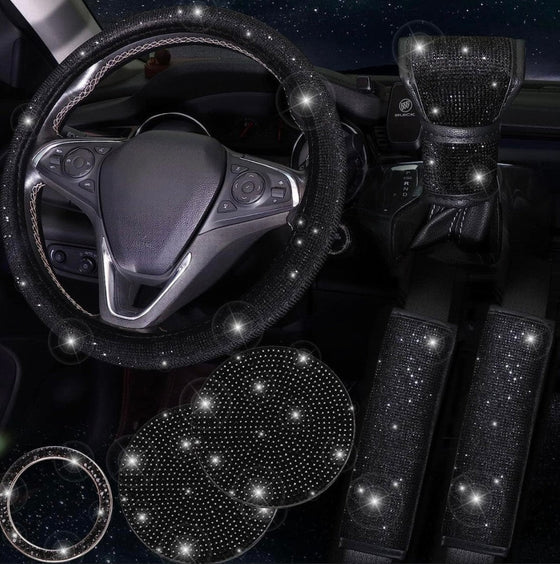 7 PCS Bling Car Accessories for Women, Sparkly Rhinestone Diamond Steering Wheel Cover, Bling Seat Belt Cushion, Shift Knob Cover, Push Start Button Ring, Car Cup Holder Coaster, Black - Fashion Car Inc