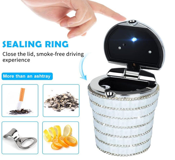 Ashtray with Bling Bling Diamond Auto Cigarette Odor Smoke Remover Cylinder Cup Holder With LED Lamp,White - Fashion Car Inc