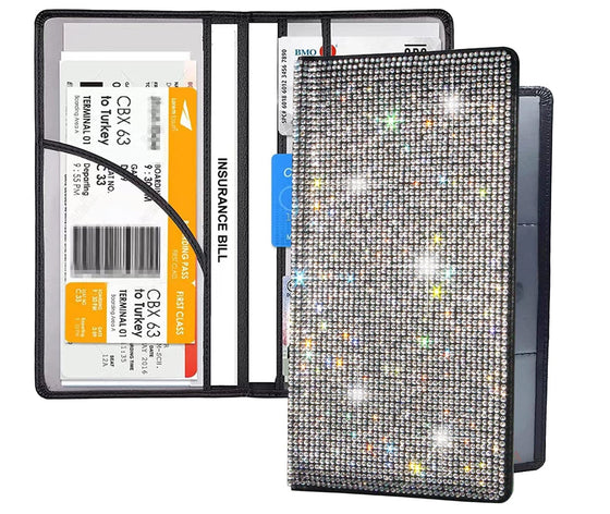 Bing Rhinestone Car Registration and Insurance Document Holder, Glitter card holder, Colorfuler Vehicle Accessories Car Essentials Glove Box Organizer Wallet Case Black - Fashion Car Inc