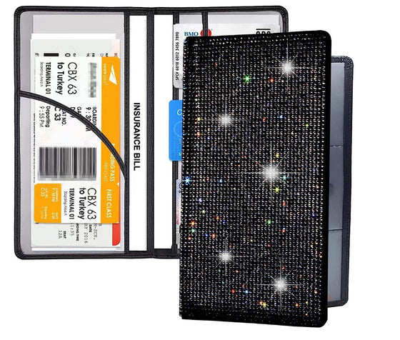 Bing Rhinestone Car Registration and Insurance Document Holder, Glitter card holder, Lether Vehicle Accessories Car Essentials Glove Box Organizer Wallet Case Black - Fashion Car Inc