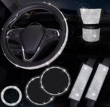  Bling Car Accessories for Women,7 Pack Sparkly Rhinestone Diamond Steering Wheel Cover Set,Bling Seat Belt Cushion,Shift Knob Cover,Push Start Button Accessories,Car Cup Coaster,Silver - Fashion Car Inc