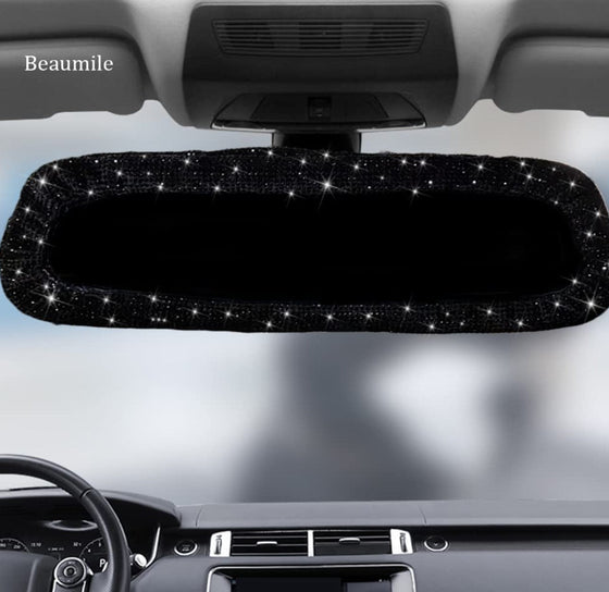 Bling Rearview Mirror Accessories Elastic Plush Car Rear View Mirror Cover for Women Bling Car Accessories Universal Fit Black - Fashion Car Inc