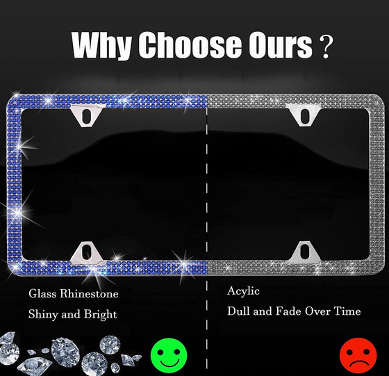 Blue Bling License Plate Frame, 2 Holes Premium Glass Rhinestones Cute License Plate Frames for Women, Men，with Diamond Caps, Rust/Rattle Proof Pad - Fashion Car Inc