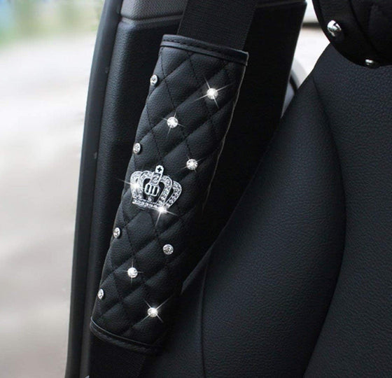 Crown Car Accessories for Women Car Leather Seat Belt Cover Rhinestone Shoulder Pad Crown Crystal Diamond Auto HandBrake Gear Covers Universal Fit All Car - Fashion Car Inc