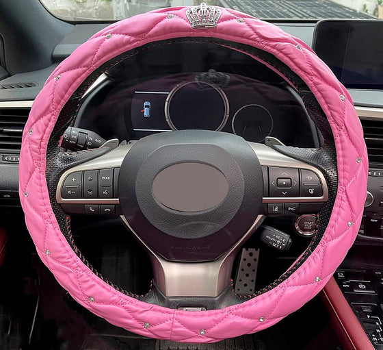 Crown Car Steering Wheel Cover with Bling Diamond for Girls & Women - Cute and Pink, Natural Latex Non-Toxic and odorless Safe Driving (Pink - Diamonds) - Fashion Car Inc