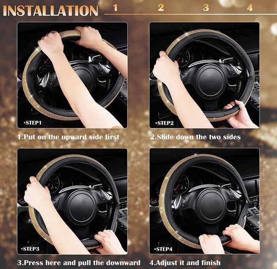 Diamond Leather Steering Wheel Cover for Women Girls, with Bling Crystal Rhinestones, Universal (Gold Diamonds) - Fashion Car Inc