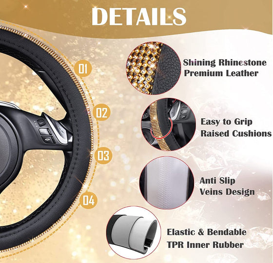 Diamond Leather Steering Wheel Cover for Women Girls, with Bling Crystal Rhinestones, Universal (Gold Diamonds) - Fashion Car Inc