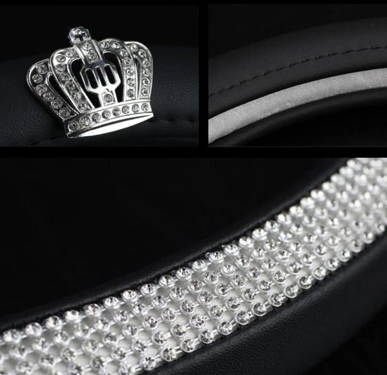 Diamond Leather Steering Wheel Cover with Crystal Rhinestones Crown, Bling Car Accessories for Women Girls Universal Fit - Fashion Car Inc