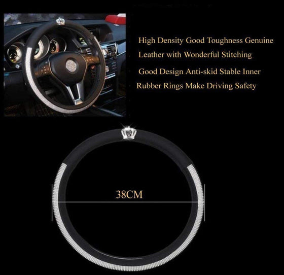 Diamond Leather Steering Wheel Cover with Crystal Rhinestones Crown, Bling Car Accessories for Women Girls Universal Fit - Fashion Car Inc