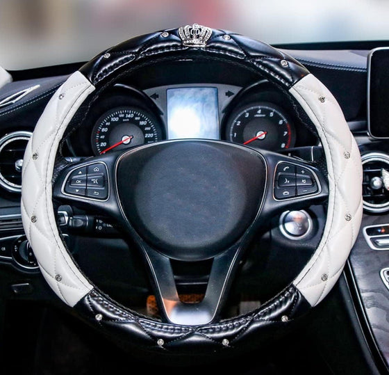 Luxury Litchi Soft Leather Crystal Steering Wheel Cover, with Premium Bling Bling Diamond 15 inch (Black+2 Pack Car Neck Pillow +2 Pack Car Safety Belt Cover Pads) - Fashion Car Inc