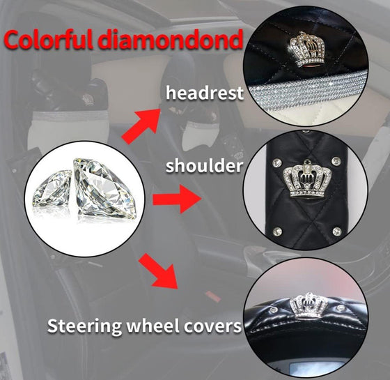 Luxury Litchi Soft Leather Crystal Steering Wheel Cover, with Premium Bling Bling Diamond 15 inch (Black+2 Pack Car Neck Pillow +2 Pack Car Safety Belt Cover Pads) - Fashion Car Inc