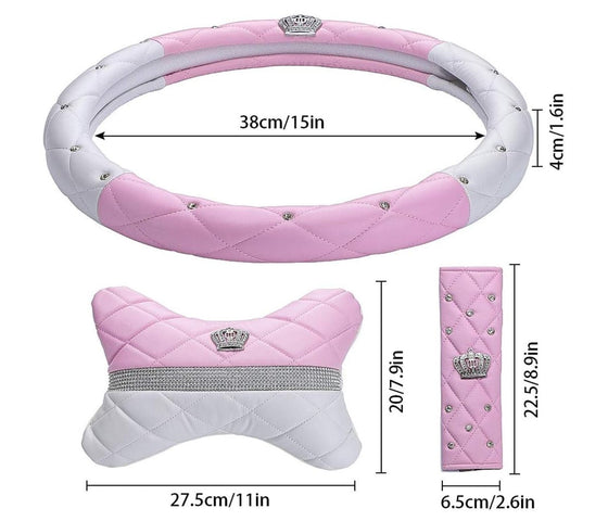 Luxury Litchi Soft Leather Crystal Steering Wheel Cover, with Premium Bling Bling Diamond 15 inch (pink)+2 Pack Car Neck Pillow +2 Pack Car Safety Belt Cover Pads) - Fashion Car Inc