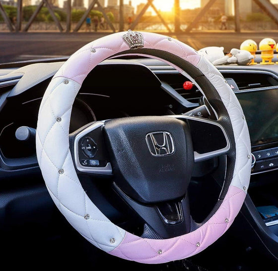 Luxury Litchi Soft Leather Crystal Steering Wheel Cover, with Premium Bling Bling Diamond 15 inch (pink)+2 Pack Car Neck Pillow +2 Pack Car Safety Belt Cover Pads) - Fashion Car Inc