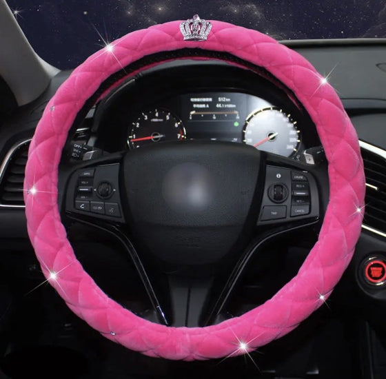 LUXURY LITCHI SOFT LEATHER CRYSTAL STEERING WHEEL COVER, WITH PREMIUM BLING BLING DIAMOND 15 INCH (PINK)+2 PACK CAR NECK PILLOW +2 PACK CAR SAFETY BELT COVER PADS) - Fashion Car Inc