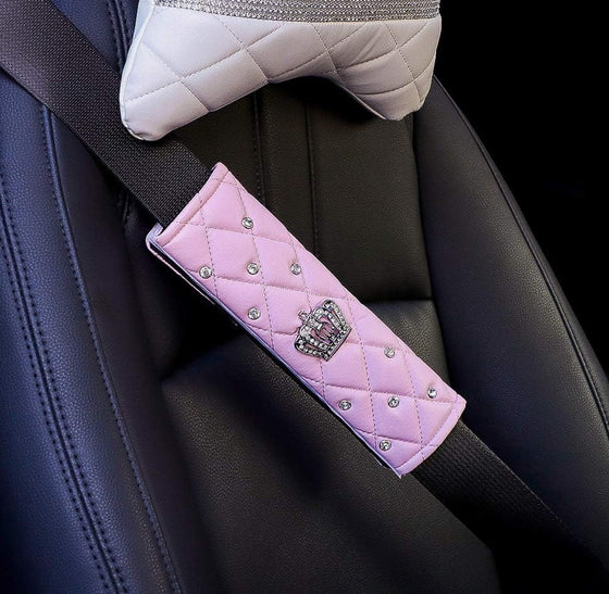 Luxury Litchi Soft Leather Crystal Steering Wheel Cover, with Premium Bling Bling Diamond 15 inch (pink)+2 Pack Car Neck Pillow +2 Pack Car Safety Belt Cover Pads) - Fashion Car Inc