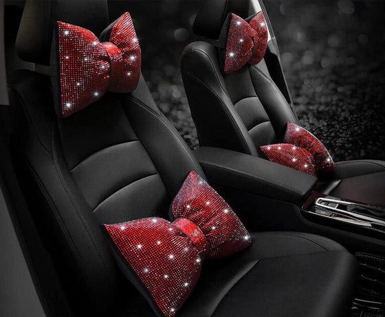 Pack Bling Bling Rhinestones Bowknot Car Headrest Pillow, Crystal Lumbar Support Pillow, Neck Rest Pillow for Car, Head Neck Support for Pain Relief (Red Headrest Pillow) - Fashion Car Inc