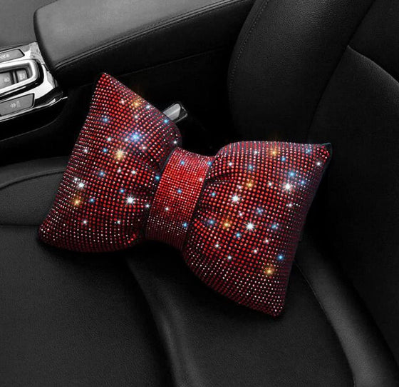 Pack Bling Bling Rhinestones Bowknot Car Headrest Pillow, Crystal Lumbar Support Pillow, Neck Rest Pillow for Car, Head Neck Support for Pain Relief (Red Headrest Pillow) - Fashion Car Inc