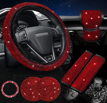  Red Bling Car Accessories Set of 7 Pack, Car Diamond Velvet Steering Wheel Cover for Women, Seat Belt Cover with Bling Rhinestones, Bling Gear Shift Cover, Push Start Button, Car Cup Coaster - Fashion Car Inc