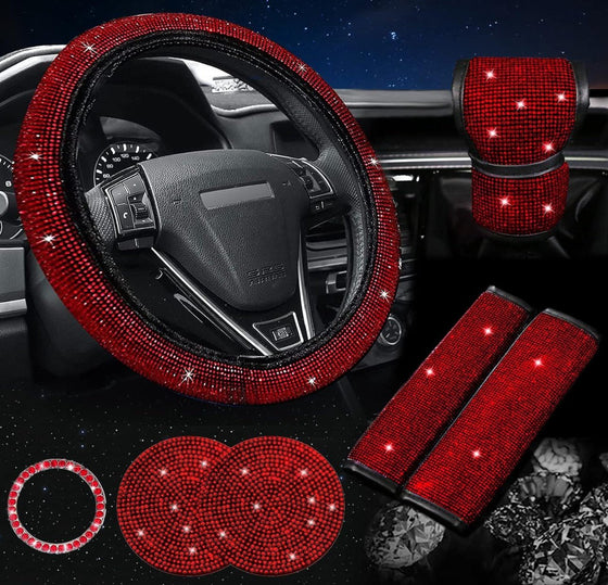 Red Bling Car Accessories Set of 7 Pack, Car Diamond Velvet Steering Wheel Cover for Women, Seat Belt Cover with Bling Rhinestones, Bling Gear Shift Cover, Push Start Button, Car Cup Coaster - Fashion Car Inc