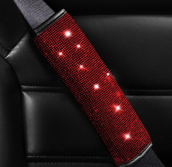 Red Bling Car Accessories Set of 7 Pack, Car Diamond Velvet Steering Wheel Cover for Women, Seat Belt Cover with Bling Rhinestones, Bling Gear Shift Cover, Push Start Button, Car Cup Coaster - Fashion Car Inc