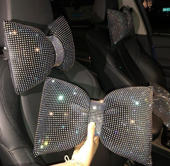 Rhinestone Car Headrest Neck Pillow for Driving with Bling Bling Crystal Bow Pillow Car Accessories for Women one - Fashion Car Inc