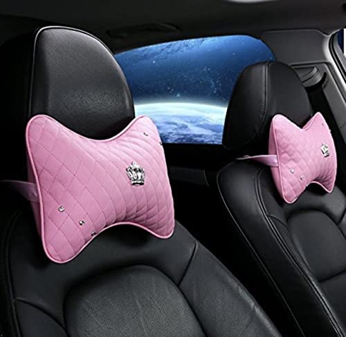 Set Pink Shiny Steering Wheel Cover with 2 Headrest Neck Pillows Ultra Fashion Car Crown Design (Pink) - Fashion Car Inc