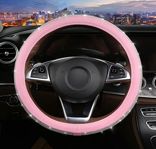 Set Pink Shiny Steering Wheel Cover with 2 Headrest Neck Pillows Ultra Fashion Car Crown Design (Pink) - Fashion Car Inc