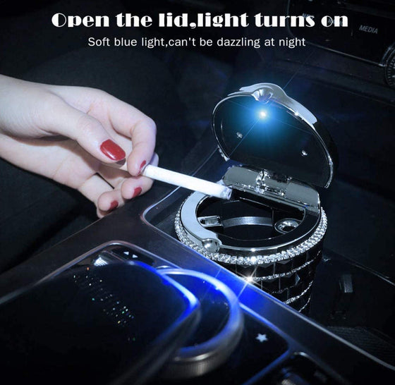 Smell Proof Crystal Diamond Car Ashtray with Lid Blue Led Light Bling Portable Mini Trash Can for Car Cylinder Cup Holder - Fashion Car Inc