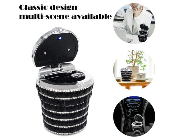 Smell Proof Crystal Diamond Car Ashtray with Lid Blue Led Light Bling Portable Mini Trash Can for Car Cylinder Cup Holder - Fashion Car Inc