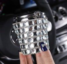  Smell Proof Crystal Diamond Car Ashtray with Lid Blue Led Light Bling Portable Mini Trash Can for Car Cylinder Cup Holder Silver - Fashion Car Inc