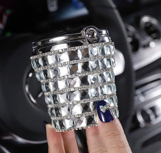 Smell Proof Crystal Diamond Car Ashtray with Lid Blue Led Light Bling Portable Mini Trash Can for Car Cylinder Cup Holder Silver - Fashion Car Inc